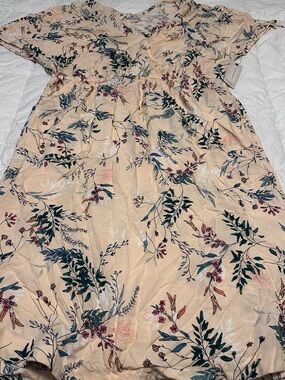 Floral Midi Dress in Beige with Green & Burgundy Print